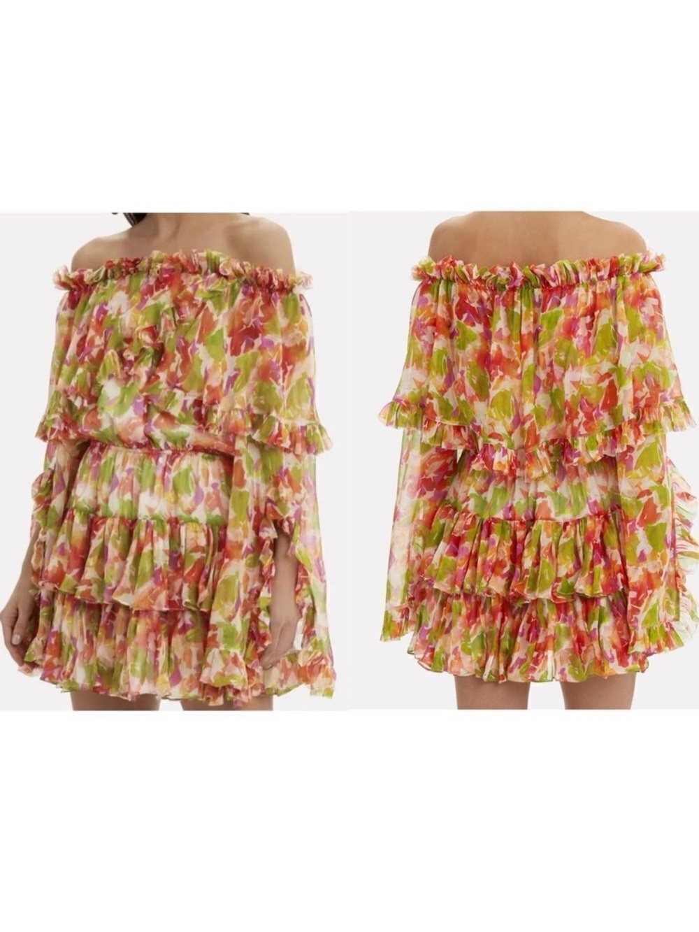 Caroline Constas Off-Shoulder Ruffle Mini Dress in Pink, Green and White